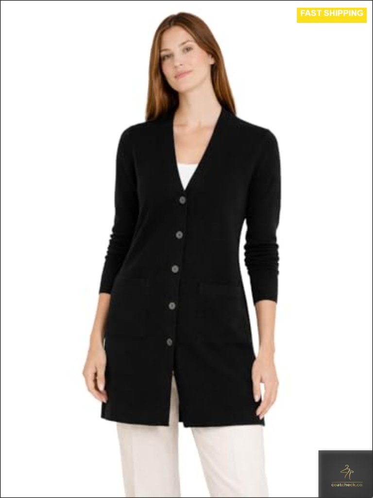 100% Pure Cashmere Button Front V-Neck Cardigan Sweater Dress With Pockets